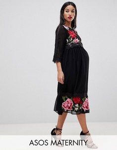 Двухслойное платье миди с вышивкой ASOS DESIGN Maternity-Черный