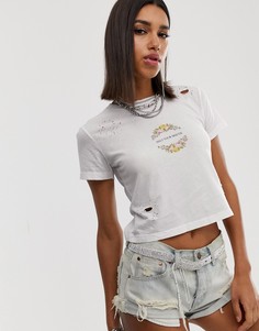 Футболка с надписью \shut your mouth\" и цветочным принтом Sacred Hawk-Белый