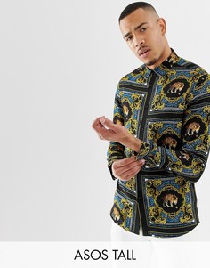 Рубашка классического кроя с принтом леопарда и принтом барокко ASOS DESIGN Tall-Синий