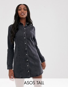 Джинсовое приталенное платье-рубашка черного выбеленного цвета ASOS DESIGN Tall-Черный