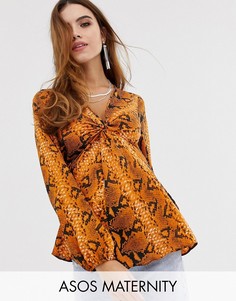 Лонгслив с перекрученной отделкой спереди и змеиным принтом ASOS DESIGN Maternity-Мульти