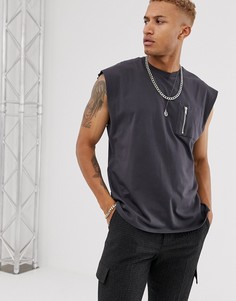 Черная свободная футболка без рукавов с карманом ASOS DESIGN-Серый