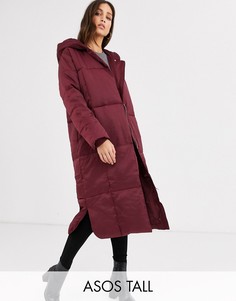 Темно-красное дутое длинное пальто ASOS DESIGN Tall-Серый