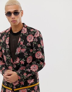 Приталенный пиджак с цветочной вышивкой и лентой ASOS DESIGN-Черный