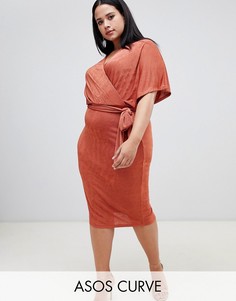 Платье миди с поясом эксклюзивно для ASOS DESIGN Curve-Коричневый