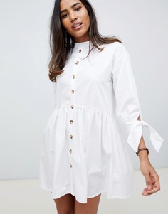 Свободное платье мини на пуговицах с завязками на рукавах ASOS DESIGN-Белый