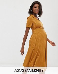 Платье-рубашка миди в рубчик с поясом ASOS DESIGN-Желтый