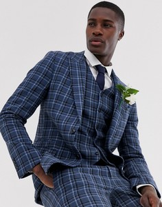 Свадебный облегающий пиджак в синюю клетку из ткани с добавлением шерсти ASOS DESIGN-Синий
