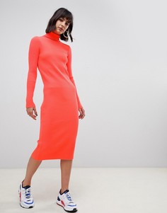 Платье миди в рубчик с высоким воротом ASOS DESIGN-Оранжевый