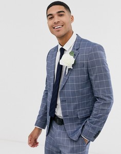 Синий льняной приталенный пиджак в клетку ASOS DESIGN