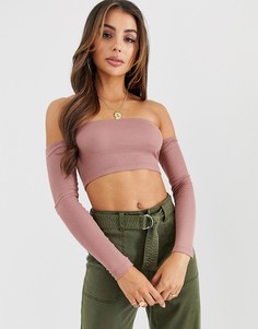 Короткий лонгслив в рубчик табачного цвета с открытыми плечами ASOS DESIGN-Коричневый