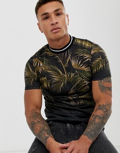 Футболка с цветочным принтом, окантовкой и воротником в рубчик ASOS DESIGN-Черный