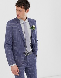 Синий льняной свадебный пиджак узкого кроя в клетку ASOS DESIGN