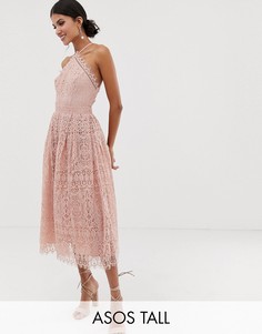 Платье миди с кружевом и лифом в стиле сарафана ASOS DESIGN Tall-Розовый