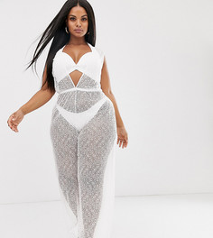 Пляжный кружевной комбинезон с глубоким вырезом и завязкой на талии ASOS DESIGN Curve-Белый