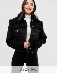 Черная джинсовая куртка с отделкой из искусственной цигейки ASOS DESIGN Tall-Черный