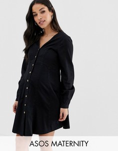 Джинсовое чайное платье на пуговицах с длинными рукавами ASOS DESIGN Maternity-Синий
