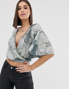 Топ с запахом, отделкой, камуфляжным узором и рукавами-кимоно ASOS DESIGN-Мульти