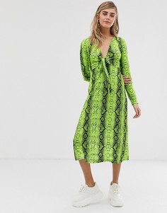 Платье миди с узлом спереди и змеиным принтом ASOS DESIGN-Мульти