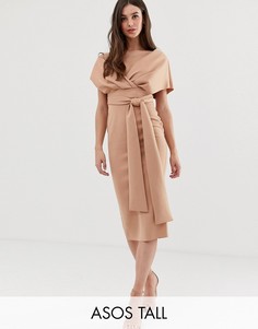 Платье-футляр миди со спущенными плечами и поясом ASOS DESIGN Tall-Черный