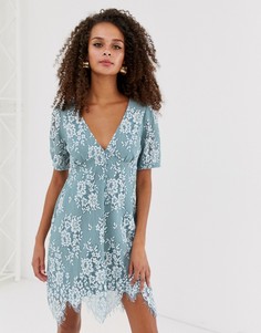 Кружевное чайное платье мини на пуговицах ASOS DESIGN-Синий