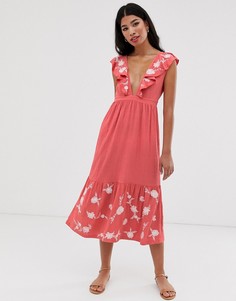 Свободное платье миди с вышивкой ASOS DESIGN-Розовый