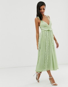 Шифоновое платье миди с кружевной вставкой ASOS DESIGN-Зеленый