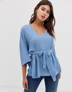 Oversize-топ с рукавами 3/4, V-образным вырезом и поясом ASOS DESIGN-Синий