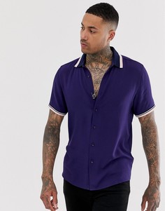 Темно-синяя oversize-рубашка из вискозы с отделкой в рубчик ASOS DESIGN-Темно-синий