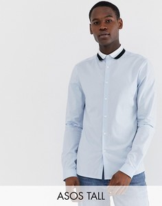 Голубая приталенная рубашка с отделкой в рубчик ASOS DESIGN Tall-Синий