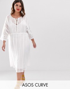 Платье миди с кружевными вставками и шнуровкой ASOS DESIGN Curve-Белый