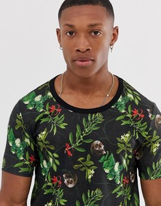 Футболка с овальным вырезом, принтом цветов и черепов ASOS DESIGN-Черный