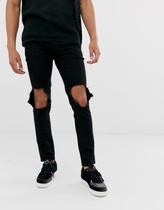 Черные зауженные джинсы с рваной отделкой на коленях ASOS DESIGN-Черный