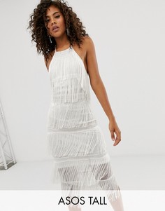 Платье-халтер миди с бахромой ASOS DESIGN Tall-Белый