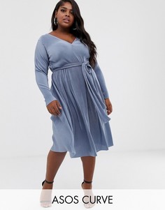 Плиссированное платье миди с поясом ASOS DESIGN Curve-Синий