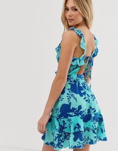 Платье с запахом спереди, оборками и оригинальным цветочным принтом Parisian-Синий
