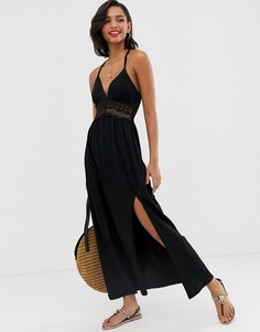 Фактурный короткий приталенный сарафан макси с кружевной вставкой ASOS DESIGN-Черный