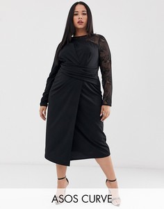Платье-футляр миди с вырезом и кружевом ASOS DESIGN Curve-Черный