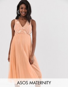 Плиссированное платье миди из тюля с вышивкой ASOS DESIGN Maternity-Белый