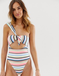 Слитный купальник в полоску на одно плечо с узлом River Island-Мульти