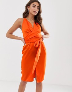 Атласное платье миди на бретельках с запахом ASOS DESIGN-Оранжевый