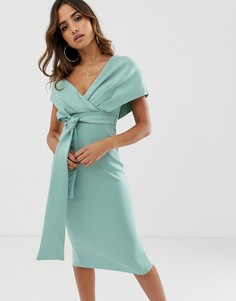 Платье-футляр миди с завязкой и спущенными плечами ASOS DESIGN-Синий
