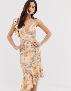 Платье миди с цветочным принтом и оборкой на подоле ASOS DESIGN-Мульти