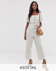 Комбинезон с короткими пышными рукавами, пуговицами спереди и поясом ASOS DESIGN Tall-Бежевый