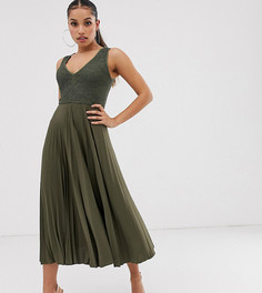 Платье миди с плиссированной юбкой и кружевным лифом ASOS DESIGN Petite-Зеленый