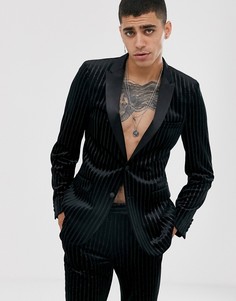Бархатный приталенный пиджак в блестящую полоску ASOS DESIGN-Черный