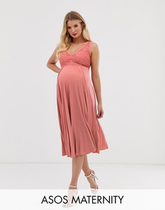 Платье миди с кружевным верхом и плиссированной юбкой эксклюзивно для ASOS DESIGN-Розовый