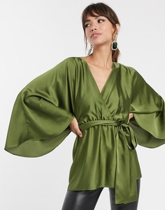 Атласный топ с поясом и рукавами кимоно ASOS DESIGN-Зеленый