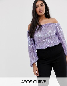 Топ с пайетками, пышными рукавами и открытыми плечами ASOS DESIGN Curve-Фиолетовый
