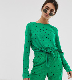Зеленый лонгслив в горошек с завязкой Monki